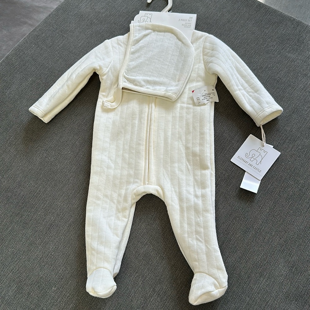 3 month old boy’s onesie, new with tags. Elephant and Castle, ivory color.